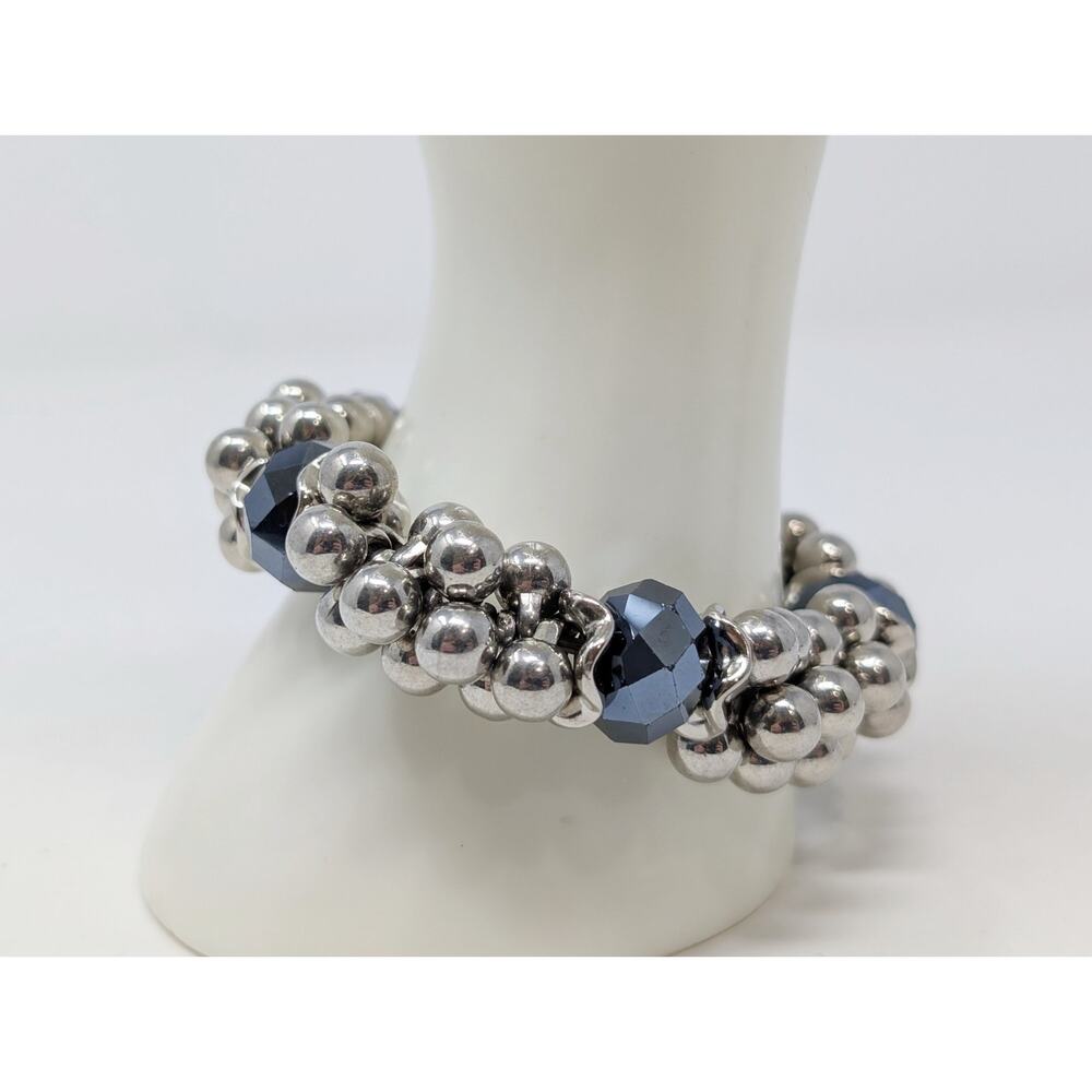 Smokey Gray Faceted Silver Tone Round Cluster Bead Stretch Bracelet